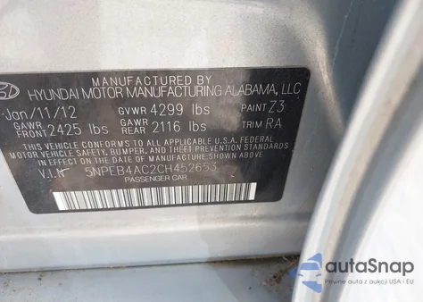 2012 Hyundai Sonata Gls Pzev from USA, damaged, VIN 5NPEB4AC2CH452653